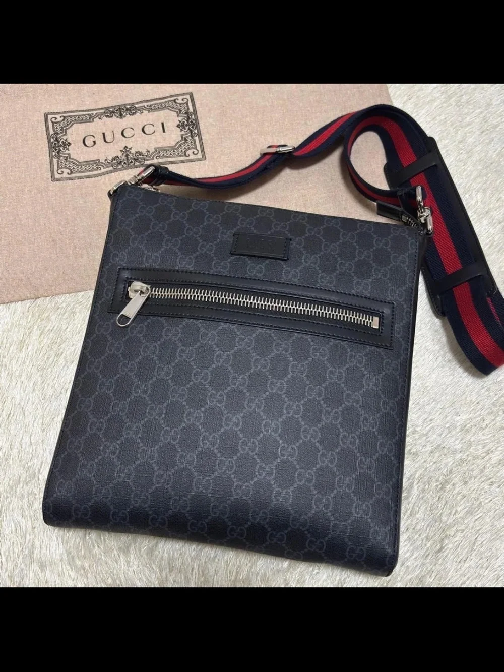 Gucci Black GG Supreme Messenger Bag with Navy & Red Web Strap
